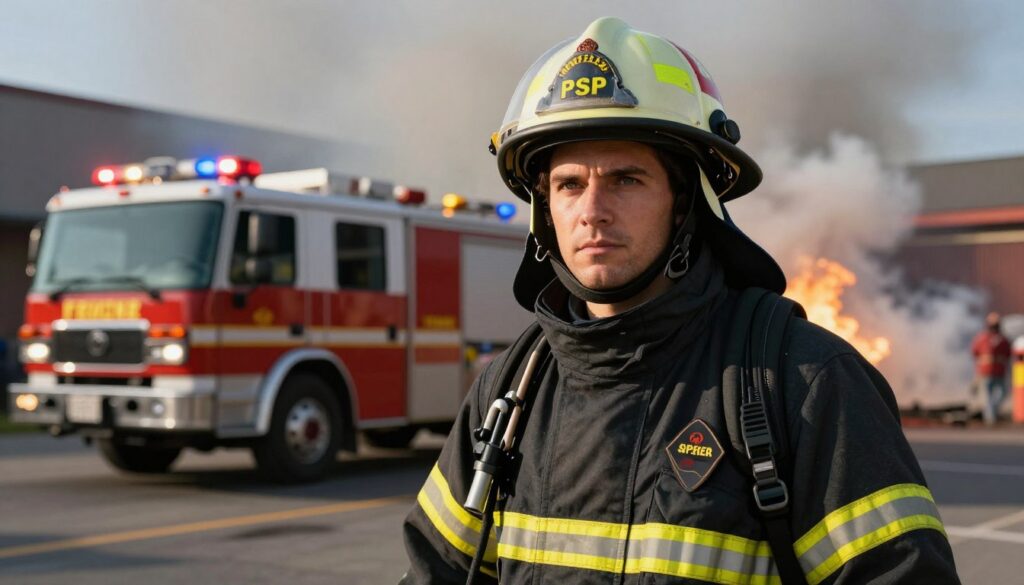A close-up view of a firefighter from the State Fire Service (PSP) standing confidently, clad in a professional fire-resistant uniform. The foreground features detailed elements like badges, tools, and a helmet, symbolizing dedication and service. In the middle ground, an emergency vehicle is parked with flashing lights, emphasizing urgency and action. The background showcases a blurred, smoky scene of a typical fire rescue operation, creating a sense of depth and activity. Dramatic lighting enhances the scene, with sunlight breaking through clouds, casting shadows that highlight the firefighter's determined expression. The atmosphere conveys a mix of bravery and professionalism, perfect for illustrating the significance of financial incentives and benefits in the firefighting profession. A close-up view of a firefighter from the State Fire Service (PSP) standing confidently, clad in a professional fire-resistant uniform. The foreground features detailed elements like badges, tools, and a helmet, symbolizing dedication and service. In the middle ground, an emergency vehicle is parked with flashing lights, emphasizing urgency and action. The background showcases a blurred, smoky scene of a typical fire rescue operation, creating a sense of depth and activity. Dramatic lighting enhances the scene, with sunlight breaking through clouds, casting shadows that highlight the firefighter's determined expression. The atmosphere conveys a mix of bravery and professionalism, perfect for illustrating the significance of financial incentives and benefits in the firefighting profession.
