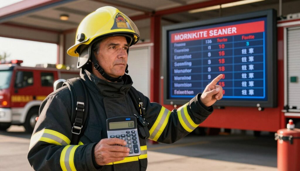 A close-up view of a firefighter in professional uniform, standing confidently in front of a fire station, symbolizing their role and earnings. The firefighter, a middle-aged person with a focused expression, holds a calculator in one hand, and the other hand gestures towards a chart of salary indicators displayed on a digital screen in the background. The chart highlights various factors affecting their salary, like experience level and training, illuminated by warm natural sunlight. The fire station is detailed in the background, showcasing trucks and firefighting equipment, creating a sense of environment and urgency. The overall mood is motivational and informative, aimed at highlighting the significance of firefighter salaries and their dependence on various factors.