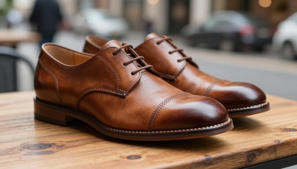 A close-up view of a high-quality pair of Dockers shoes displayed on a rustic wooden surface. The shoes are made from premium leather, showcasing fine stitching and craftsmanship. The camera angle is slightly tilted, emphasizing the curved design and texture of the material. Soft, natural lighting highlights the rich tones of the leather, creating a warm and inviting atmosphere. In the background, a blurred out environment gives a hint of an urban setting, perhaps a city street or a stylish café, conveying a sense of modernity and durability. The composition is focused on the artistry of the shoes, capturing their elegance and practicality, reflecting the essence of quality footwear.