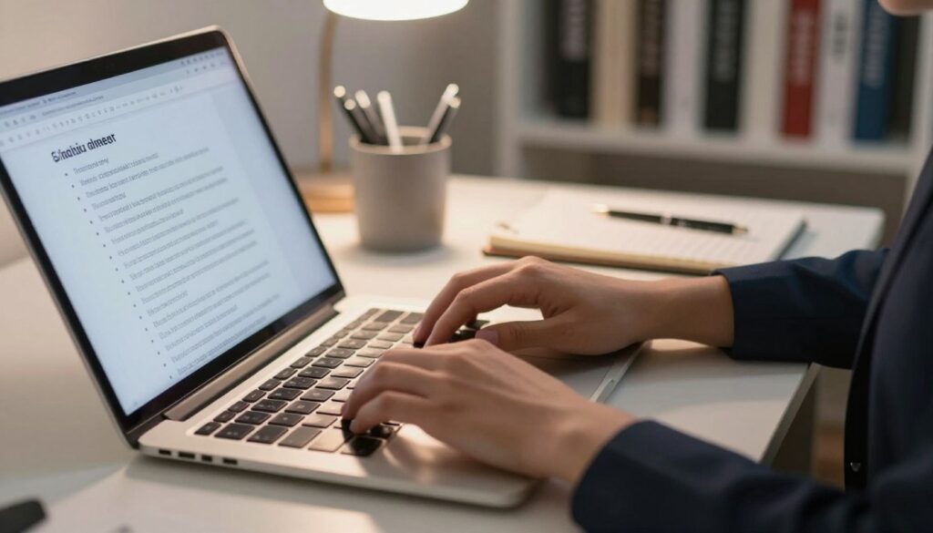 A close-up view of a modern desk covered with neatly arranged stationery items, including a laptop displaying an open document with bullet points and keywords. In the foreground, a pair of hands, dressed in professional attire, is typing on the laptop keyboard, emphasizing the act of writing. In the middle ground, a light source casts soft, warm lighting over the workspace, creating a focused atmosphere. A mug filled with pens and a notepad with scribbled notes are positioned to the side, representing organization and creativity. In the background, a blurred bookshelf lined with business books symbolizes knowledge and professionalism. The overall mood conveys productivity and focused intention, illustrating the key themes of clarity and directness in writing. A close-up view of a modern desk covered with neatly arranged stationery items, including a laptop displaying an open document with bullet points and keywords. In the foreground, a pair of hands, dressed in professional attire, is typing on the laptop keyboard, emphasizing the act of writing. In the middle ground, a light source casts soft, warm lighting over the workspace, creating a focused atmosphere. A mug filled with pens and a notepad with scribbled notes are positioned to the side, representing organization and creativity. In the background, a blurred bookshelf lined with business books symbolizes knowledge and professionalism. The overall mood conveys productivity and focused intention, illustrating the key themes of clarity and directness in writing.