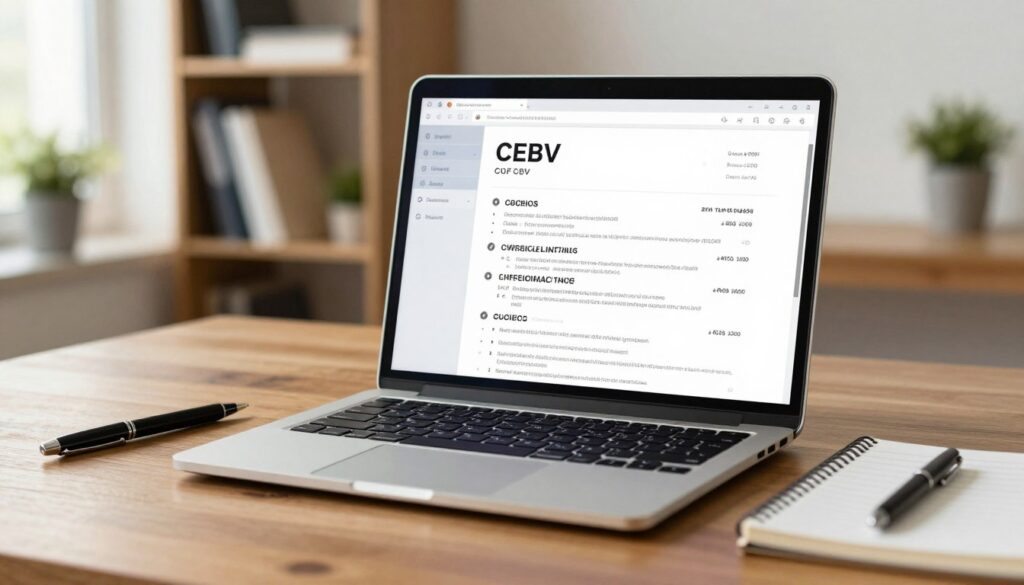 A close-up view of a neatly arranged workspace showcasing a professional CV document in PDF format displayed on a modern laptop screen. In the foreground, the laptop sits on a polished wooden desk, flanked by a stylish pen and a notepad, conveying an atmosphere of productivity. The background features a soft-focus office environment with shelves filled with books and a small indoor plant, adding a touch of life. Natural light streams through a window, creating a warm, inviting glow. The overall mood is professional and organized, emphasizing the importance of digital document formats like PDF for CV submission. A close-up view of a neatly arranged workspace showcasing a professional CV document in PDF format displayed on a modern laptop screen. In the foreground, the laptop sits on a polished wooden desk, flanked by a stylish pen and a notepad, conveying an atmosphere of productivity. The background features a soft-focus office environment with shelves filled with books and a small indoor plant, adding a touch of life. Natural light streams through a window, creating a warm, inviting glow. The overall mood is professional and organized, emphasizing the importance of digital document formats like PDF for CV submission.