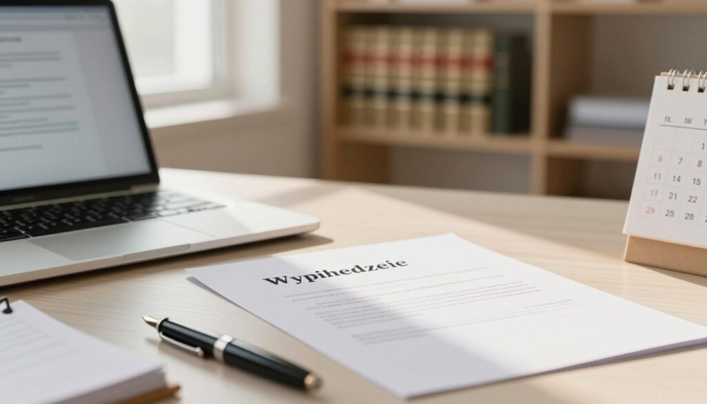 A close-up view of a neatly organized desk featuring a professional-looking resignation letter (wypowiedzenie) placed prominently on the surface, highlighted by warm, natural lighting from a nearby window. In the background, a blurred office setting reveals a calm and focused atmosphere, with soft-focus shelves lined with legal books and documents. To the left, a sleek laptop with a document open on the screen, partially visible, suggests an ongoing work process. The foreground should showcase elegant stationery, including a fountain pen and a calendar reflecting a specific date. The overall mood is serious yet hopeful, emphasizing professionalism and the importance of clear communication in employment matters. A close-up view of a neatly organized desk featuring a professional-looking resignation letter (wypowiedzenie) placed prominently on the surface, highlighted by warm, natural lighting from a nearby window. In the background, a blurred office setting reveals a calm and focused atmosphere, with soft-focus shelves lined with legal books and documents. To the left, a sleek laptop with a document open on the screen, partially visible, suggests an ongoing work process. The foreground should showcase elegant stationery, including a fountain pen and a calendar reflecting a specific date. The overall mood is serious yet hopeful, emphasizing professionalism and the importance of clear communication in employment matters.