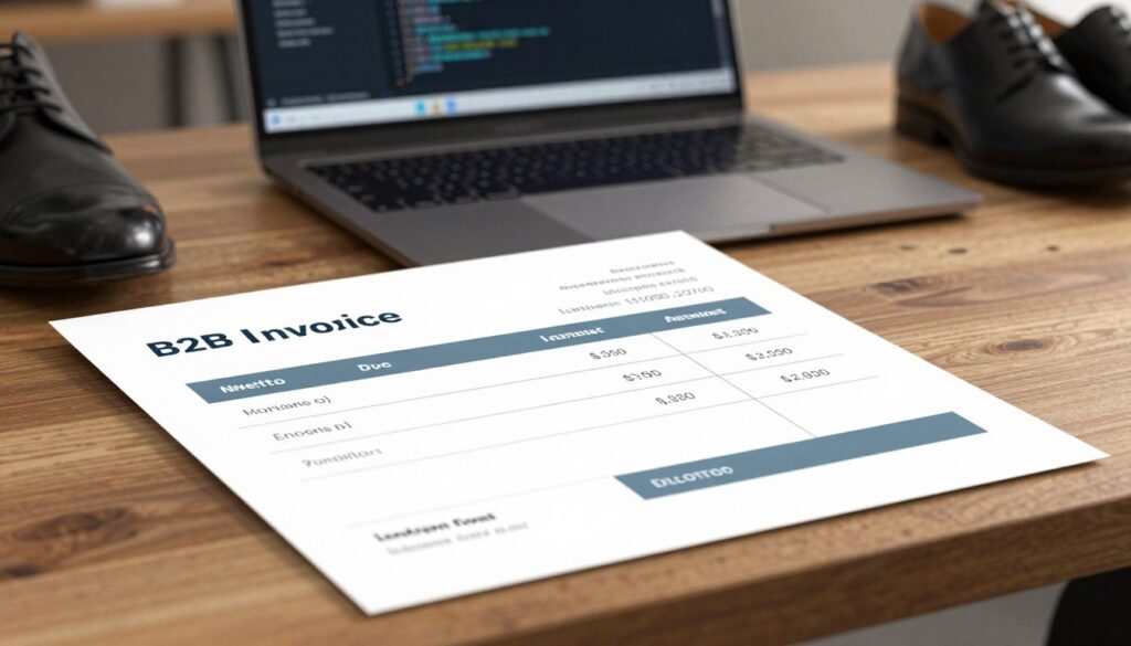 A close-up view of a professional invoice on a sleek wooden desk, featuring clear sections highlighting the netto amount due. The invoice is elegantly designed with well-organized lines and a modern aesthetic, showcasing precise figures. In the background, a softly focused laptop displays code on its screen, emphasizing a programmer's workspace. Warm, inviting lighting fills the scene, creating a productive atmosphere. A pair of professional business shoes peek into the frame, adding a personal touch to the setting. The overall mood is focused and efficient, reflecting the world of B2B contracts and real earnings in the tech industry. The composition conveys professionalism and clarity, free of distractions or text elements. A close-up view of a professional invoice on a sleek wooden desk, featuring clear sections highlighting the netto amount due. The invoice is elegantly designed with well-organized lines and a modern aesthetic, showcasing precise figures. In the background, a softly focused laptop displays code on its screen, emphasizing a programmer's workspace. Warm, inviting lighting fills the scene, creating a productive atmosphere. A pair of professional business shoes peek into the frame, adding a personal touch to the setting. The overall mood is focused and efficient, reflecting the world of B2B contracts and real earnings in the tech industry. The composition conveys professionalism and clarity, free of distractions or text elements.