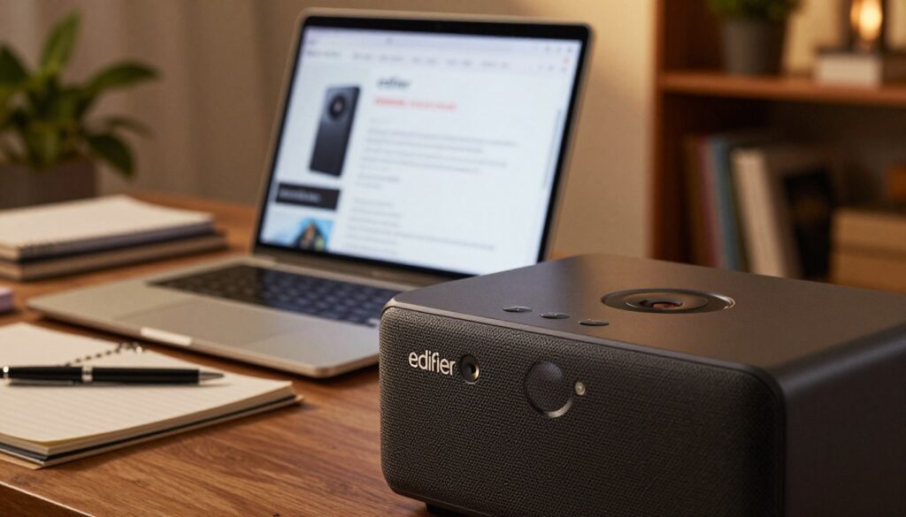 A close-up view of a sleek audio speaker from Edifier, showcasing its high-quality finish and modern design. In the foreground, focus on the speaker's textured surface and stylish controls, with soft reflections of ambient light highlighting its premium materials. In the middle ground, showcase an open laptop displaying detailed specifications and reviews of Edifier products, surrounded by notepads and pens, suggesting a thorough research process. The background should feature a cozy listening environment with warm, soft lighting, perhaps a bookshelf and plants, creating a relaxed atmosphere. The scene conveys professionalism and is ideal for readers looking to make informed audio equipment purchases, emphasizing clarity and quality in their choices.