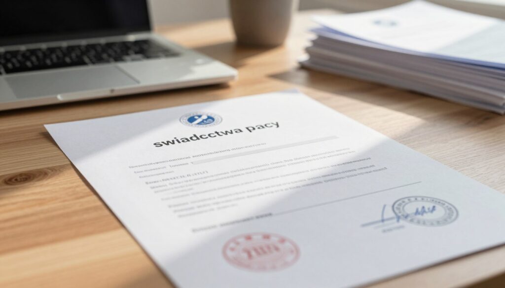 A close-up view of a "świadectwa pracy" (work certificate) document prominently displayed on a wooden desk. The document features a clean, professional layout with official seals and signatures, emphasizing the importance of employment verification. In the background, softly blurred, are elements representing an office setting, such as a laptop, a potted plant, and an organized stack of paperwork, creating a sense of professionalism. Natural light filters through a nearby window, casting gentle shadows across the desk, adding warmth to the scene. The mood is serious yet approachable, conveying the importance of properly submitting the work certificate to ZUS. The camera angle is slightly above the document, focusing on its details without including any people or distracting elements.