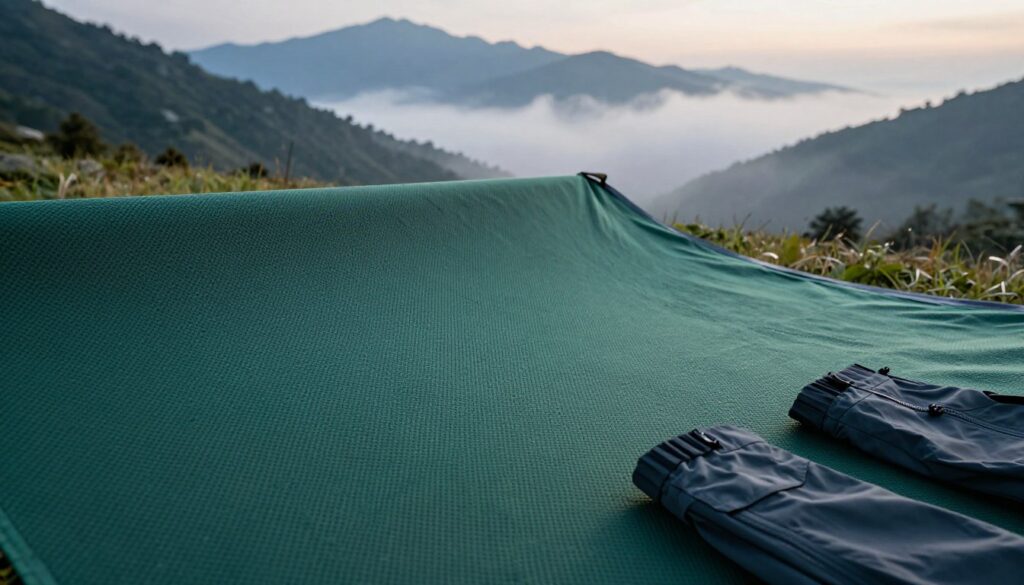 A close-up view of high-performance Ared membrane fabric, showcasing its intricate, textured surface with a focus on the stretchy and breathable qualities. The background should feature a serene outdoor setting, such as a misty mountain landscape at dawn, with soft, diffused natural light highlighting the details of the fabric. In the foreground, include a pair of high-quality outdoor gear items, like a waterproof jacket and pants, laid out to emphasize the fabric's advanced technology. The atmosphere should convey a sense of adventure and durability, with a color palette of deep greens and blues, reflecting the natural environment. Ensure clarity and sharpness in the details to showcase the material’s functionality.