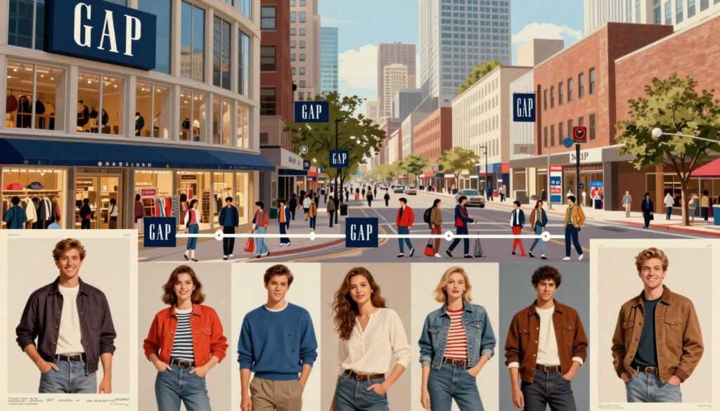 A collage-style illustration showcasing the rich history and evolution of the GAP brand over the years. In the foreground, depict vintage GAP advertisements featuring diverse models in casual yet stylish clothing from different decades, showcasing iconic fashion trends. In the middle, include a timeline visually representing key milestones in GAP's history, with vibrant visuals of store openings, collections, and cultural moments that marked its significance in the fashion industry. In the background, illustrate a modern cityscape symbolizing the brand's current market position, with a blend of contemporary architecture and bustling shopping streets. Utilize warm, inviting lighting to create a nostalgic yet forward-looking atmosphere, shot from a slightly elevated angle to encapsulate the essence of GAP's growth and impact. No text or watermarks in the image.