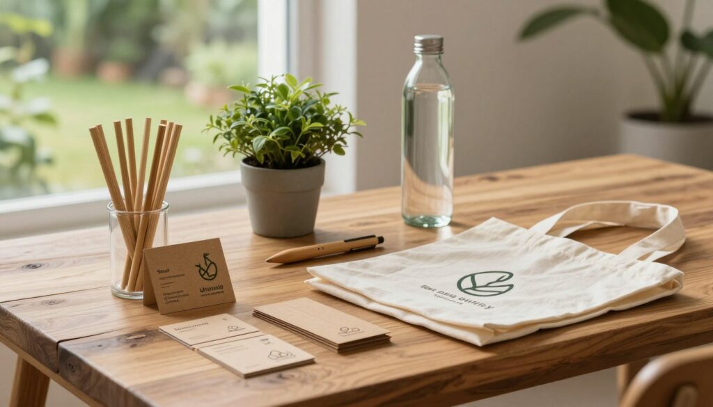 A collection of eco-friendly promotional gadgets elegantly displayed on an organic wood table. In the foreground, feature reusable bamboo straws, seed paper business cards, and recycled tote bags emblazoned with minimalist logos. The middle ground captures a stylish potted plant, symbolizing sustainability, alongside a hand-crafted wooden pen and a glass water bottle made from recycled materials. In the background, soft natural light filters in through a window, creating a warm and inviting atmosphere. A blurred outdoor garden scene peeks through, enhancing the connection to nature. The overall mood conveys innovation, environmental consciousness, and a modern aesthetic, ideal for portraying a brand's commitment to sustainability.