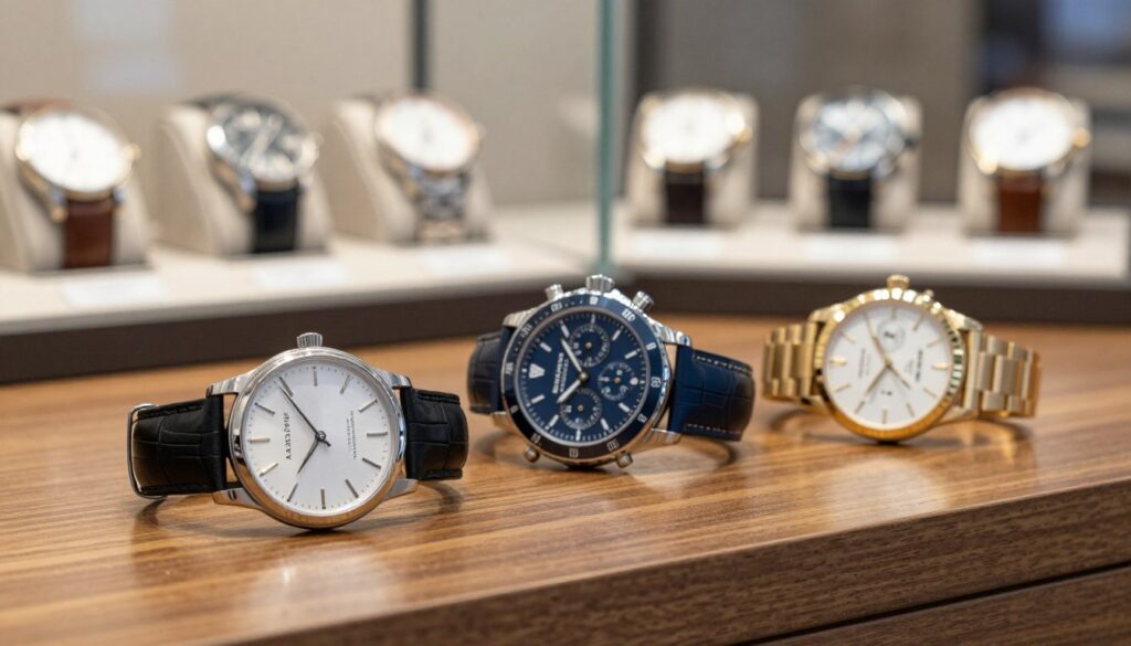 A collection of elegant Slazenger watches displayed on a polished wooden surface, emphasizing their unique designs and craftsmanship. In the foreground, showcase a classic silver analog watch with a black leather strap, a sporty chronograph watch in blue, and a stylish gold-toned timepiece. The middle layer features a soft focus background with a subtle hint of a blurred display case filled with more models. Natural lighting highlights the metallic and reflective surfaces of the watches, creating a luxurious atmosphere. The scene is captured with a shallow depth of field, providing a professional, magazine-style aesthetic, evoking a sense of sophistication and timelessness.