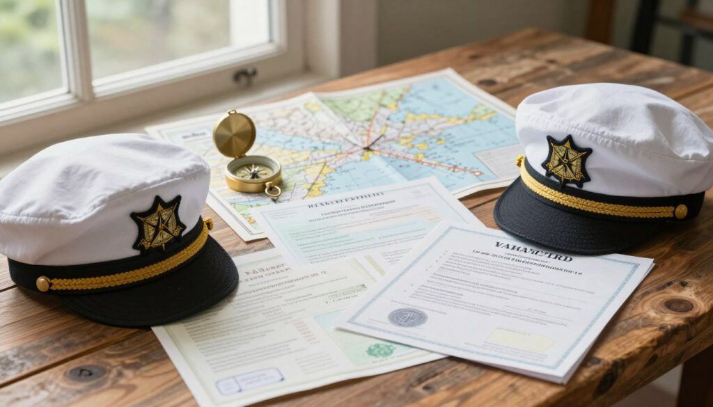 A collection of various maritime documents and certifications, artistically arranged on a rustic wooden table. In the foreground, a sailor’s hat rests beside a neatly stacked pile of essential maritime licenses and training certificates. The middle layer features a compass and a navigational map, hinting at a seafarer's journey. In the background, soft natural light filters through a nearby window, casting a warm and inviting atmosphere. The scene captures the essence of preparation and professionalism required for a maritime career, evoking a sense of adventure and responsibility. The composition is shot from a slightly elevated angle to showcase the vibrant details on the documents while maintaining a focus on their significance in maritime employment.