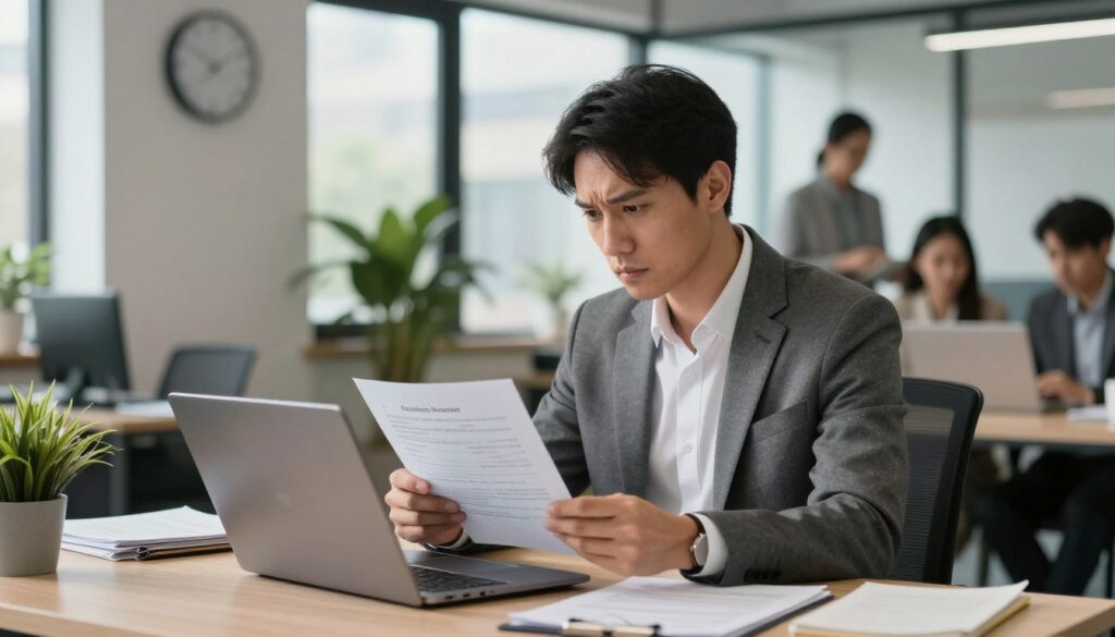 A concerned employee in a modern office, sitting at a desk with a laptop, reviewing a document with notes about workplace behavior. The foreground features the employee, a professional-looking individual wearing business attire, deeply focused on their task. The middle ground shows office elements like a plant, a clock, and organized paperwork, creating an atmosphere of diligence. The background includes blurred figures of colleagues engaged in discussion, representing a lively workplace environment. Soft, natural lighting filters through large windows, casting gentle shadows. The mood is serious yet hopeful, conveying the importance of taking steps to address workplace issues. A concerned employee in a modern office, sitting at a desk with a laptop, reviewing a document with notes about workplace behavior. The foreground features the employee, a professional-looking individual wearing business attire, deeply focused on their task. The middle ground shows office elements like a plant, a clock, and organized paperwork, creating an atmosphere of diligence. The background includes blurred figures of colleagues engaged in discussion, representing a lively workplace environment. Soft, natural lighting filters through large windows, casting gentle shadows. The mood is serious yet hopeful, conveying the importance of taking steps to address workplace issues.