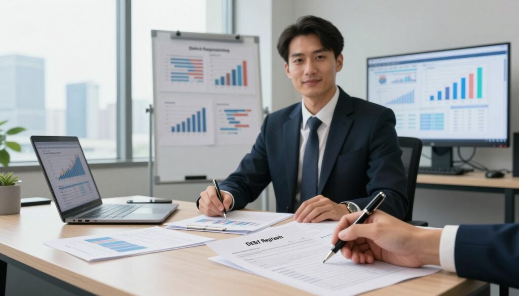 A confident business professional in formal attire, seated at a modern office desk cluttered with papers, a laptop displaying financial graphs, and a large monitor showing graphs of debt data. In the foreground, a close-up of a hand holding a pen, preparing to fill out a debt registration form. In the middle ground, a whiteboard covered with charts and diagrams illustrating debt management strategies. The background features a large window with a city skyline view, bathed in natural daylight, creating a bright and professional atmosphere. The image conveys a serious yet hopeful mood, reflecting the importance of maintaining financial responsibility and the processes involved in debt registration.
