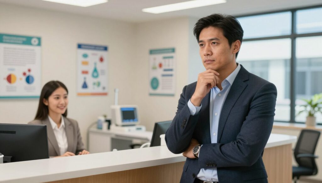 A confident individual, dressed in professional business attire, stands in front of a modern workplace medical office, depicting the context of seeing an occupational health doctor. In the foreground, a welcoming reception area is visible with a friendly receptionist at a desk. The individual appears contemplative, pondering whether to enter without a referral. In the middle ground, an inviting examination room with medical equipment and health posters on the walls adds depth to the scene. The background features a bright, well-lit building exterior, showcasing a clear blue sky. Soft, natural lighting floods the scene, creating a warm and approachable atmosphere that encourages viewers to consider the topic of direct access to occupational health services. The composition is balanced, focusing on the individual’s expression and the inviting environment.