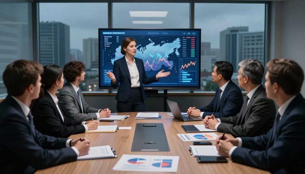 A corporate boardroom setting, showcasing a diverse group of professionals in business attire engaged in a serious discussion about staying in the Russian market despite ongoing challenges. In the foreground, a confident female CEO gestures towards a large screen displaying a map of Russia with fluctuating economic indicators and a bleak color palette, symbolizing tension. The middle ground features a round table with documents and charts highlighting potential risks and rewards, while the background includes floor-to-ceiling windows overlooking a city skyline shrouded in a moody atmosphere, hinting at uncertainty. The lighting is dim, with focused spotlights enhancing the seriousness of the meeting while maintaining a professional, contemplative mood. Overall, the image conveys the complexity and gravity of corporate decisions amidst geopolitical pressures.