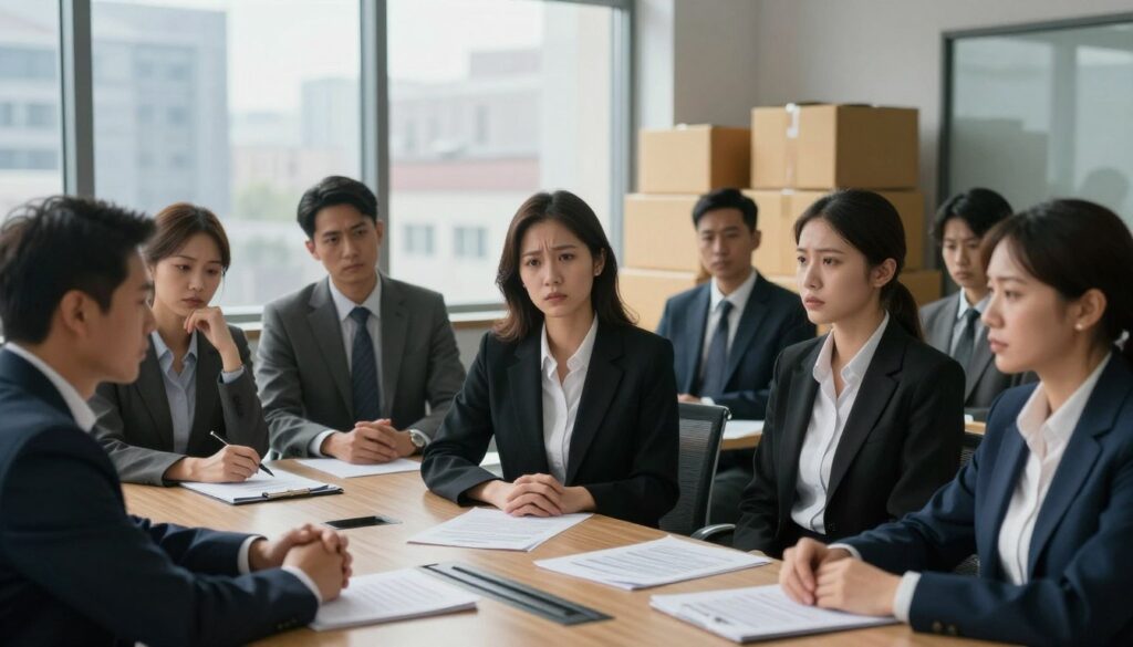 A corporate office setting during a bankruptcy meeting, featuring a diverse group of professionals dressed in business attire, seated around a conference table. The foreground shows concerned expressions on their faces, with papers and financial reports spread out. The middle ground features a large window revealing a gloomy cityscape, suggesting uncertainty. Soft, natural lighting streams in, casting shadows that highlight the seriousness of the situation. In the background, stacks of boxes indicate an office being cleared out, symbolizing impending layoffs. The atmosphere is tense and somber, emphasizing the emotional weight of job loss and the loss of protection against dismissal during insolvency proceedings.