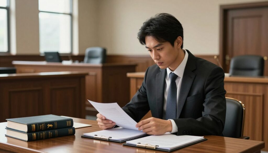 A courtroom scene featuring a forensic psychologist in a professional business suit, thoughtfully reviewing documents at a wooden table. The foreground includes legal books and notepads. The middle ground reveals a judge's bench and a witness stand, while the background displays a solemn courtroom environment, with tall windows letting in natural light. The atmosphere is serious and focused, highlighting the psychologist's role in the justice system. The lighting is warm, creating an inviting yet professional ambiance. The angle captures the psychologist's pensive expression, emphasizing their dedication to understanding the human mind in legal contexts.
