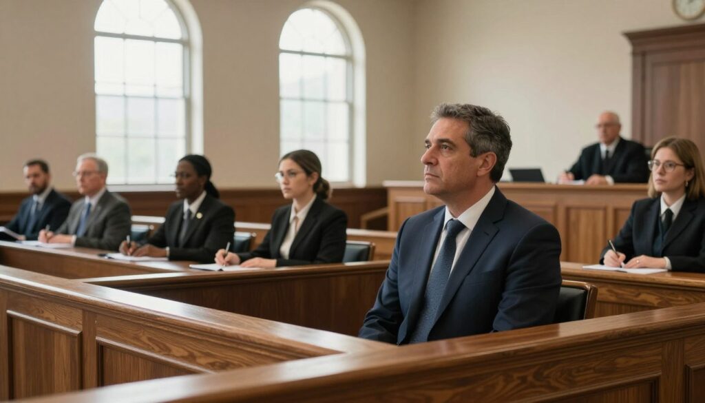 A courtroom scene featuring a judge and a jury, focusing on a juror seated in the foreground. The juror is a middle-aged man wearing a smart business suit, intently listening to proceedings. The middle ground displays other jurors taking notes, with diverse faces reflecting concentration and seriousness. In the background, the judge sits behind a wooden bench, commanding the room with an expression of authority. Soft, natural lighting filters through tall, arched windows, creating a warm but serious atmosphere. Shadows play across the polished wood of the courtroom furniture, enhancing the sense of professionalism. The angle is slightly low, emphasizing the solemnity of the legal environment, capturing the essence of participation in a trial.