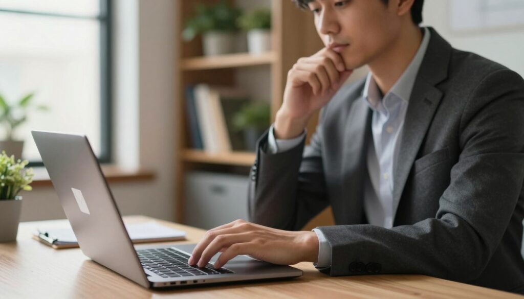 A cozy office scene focused on a professional businessperson, seated at a desk with a laptop open in front of them. In the foreground, a hand hovers above the keyboard, preparing to type an email subject line, conveying anticipation. The background features soft shelves filled with books and plants, while natural light filters softly through a nearby window, creating a warm, inviting atmosphere. The individual, dressed in smart casual attire, looks thoughtful, embodying concentration and determination. The camera angle is slightly tilted to emphasize the desk and laptop, highlighting the importance of the email subject line in securing a response. The overall mood is professional yet approachable, focusing on the essentials of effective communication. A cozy office scene focused on a professional businessperson, seated at a desk with a laptop open in front of them. In the foreground, a hand hovers above the keyboard, preparing to type an email subject line, conveying anticipation. The background features soft shelves filled with books and plants, while natural light filters softly through a nearby window, creating a warm, inviting atmosphere. The individual, dressed in smart casual attire, looks thoughtful, embodying concentration and determination. The camera angle is slightly tilted to emphasize the desk and laptop, highlighting the importance of the email subject line in securing a response. The overall mood is professional yet approachable, focusing on the essentials of effective communication.