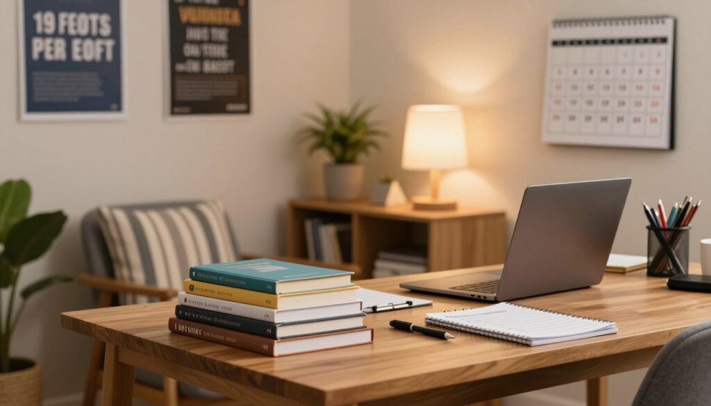 A cozy study room set up for a first-year university student. In the foreground, a wooden desk with a neatly organized stack of textbooks, a laptop, and stationery items like pens and notebooks. A checklist on the desk outlines essential preparations for the first year. In the middle ground, a comfortable chair with a striped cushion and a potted plant adds warmth to the space. The walls are decorated with motivational posters and a calendar highlighting important dates. In the background, a soft glow from a table lamp provides warm lighting, creating an inviting and focused atmosphere. The overall mood conveys a sense of readiness and optimism, emphasizing the importance of preparation for academic success. A cozy study room set up for a first-year university student. In the foreground, a wooden desk with a neatly organized stack of textbooks, a laptop, and stationery items like pens and notebooks. A checklist on the desk outlines essential preparations for the first year. In the middle ground, a comfortable chair with a striped cushion and a potted plant adds warmth to the space. The walls are decorated with motivational posters and a calendar highlighting important dates. In the background, a soft glow from a table lamp provides warm lighting, creating an inviting and focused atmosphere. The overall mood conveys a sense of readiness and optimism, emphasizing the importance of preparation for academic success.