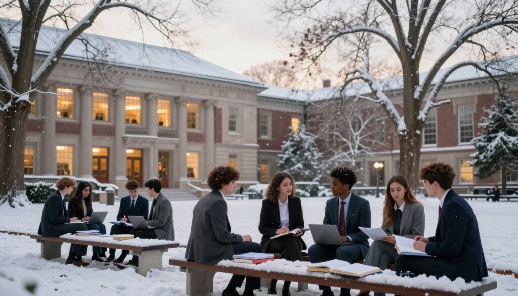 A cozy university campus scene showcasing winter semester life. In the foreground, a group of diverse students in professional business attire are engaged in lively discussions around a snow-covered bench, with books and laptops open. The middle ground features a classic university building adorned with snowflakes and warm lights glowing from the windows, hinting at the study sessions happening inside. In the background, tall trees stand bare, draped in gentle snow, under a soft, overcast sky that casts a serene atmosphere. The scene captures the vibrant energy and camaraderie of students immersed in academic pursuits during the winter semester, evoking a sense of focus and determination. The lighting is soft and diffused, creating a calm yet inspiring mood.