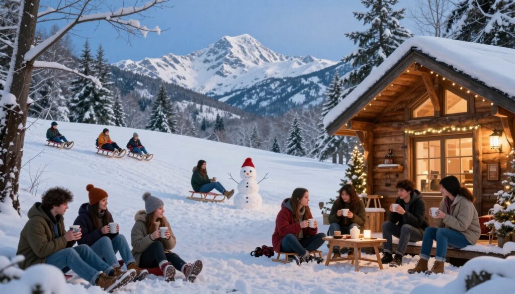 A cozy winter scene capturing the essence of winter holidays in an academic setting. In the foreground, a diverse group of students in modest casual clothing are enjoying hot drinks, surrounded by snow-covered trees and a cozy cabin adorned with fairy lights. The middle ground features a gently sloping hill where students are sledding and building snowmen, evoking a sense of joyful camaraderie. In the background, a majestic winter landscape with snow-capped mountains under a clear blue sky adds depth to the scene. The soft, warm lighting from the cabin contrasts with the cool hues of the environment, creating a inviting atmosphere. Aim for a wide-angle perspective that conveys a sense of togetherness and the joy of winter holidays.