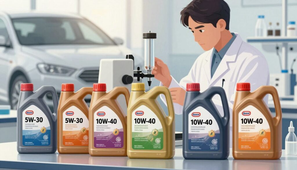 A detailed and informative illustration depicting different viscosities of motor oil in a laboratory setting. In the foreground, showcase an array of motor oil bottles, each clearly labeled with their viscosity ratings (e.g., 5W-30, 10W-40) and arranged neatly on a polished surface. In the middle ground, include a scientist wearing a lab coat, examining a viscometer, with focused concentration. In the background, subtly highlight a sleek car engine silhouetted against a soft, illuminating light to suggest performance. The scene should be brightly lit with a clean, professional atmosphere, capturing the essence of technical expertise and clarity. Aim for a balanced composition with natural colors that reflect oil's glossy texture.