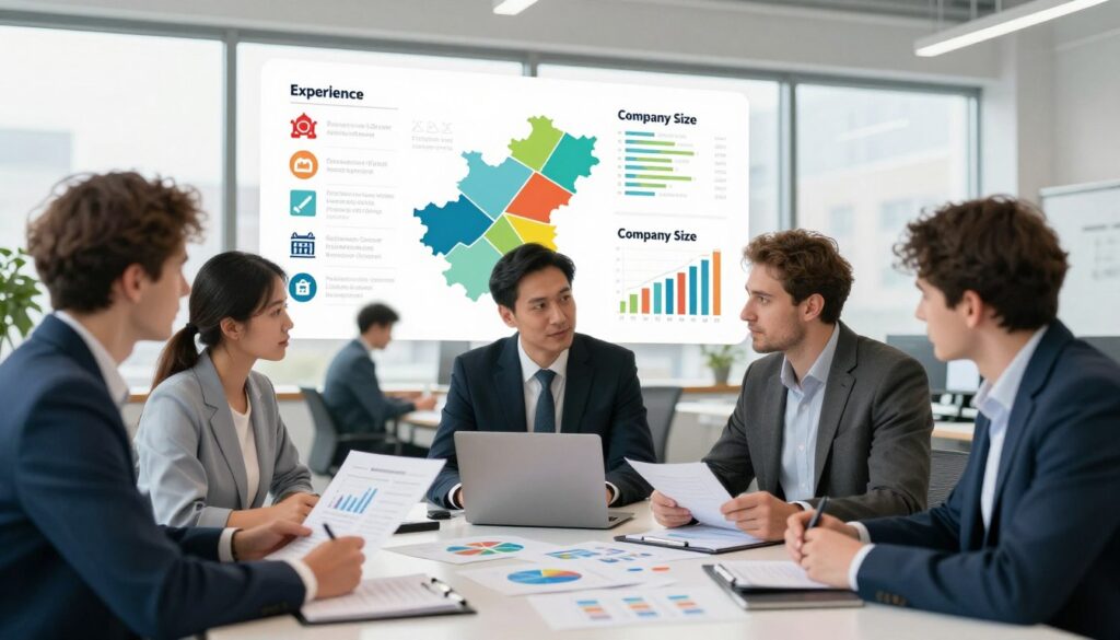 A detailed and informative illustration depicting the factors influencing salaries in the electronics field in Poland. In the foreground, a diverse group of professionals in business attire, such as engineers and technicians, engaging in a discussion while analyzing graphs and charts related to salary statistics. In the middle ground, an infographic showcasing key elements like experience, education levels, regional variations, and company size, represented through colorful icons and graphs. The background features a modern office setting with large windows allowing natural light to flood the room, creating a bright and optimistic atmosphere. The mood is focused and professional, reflecting an analytical approach to understanding salary dynamics in the electronics industry.