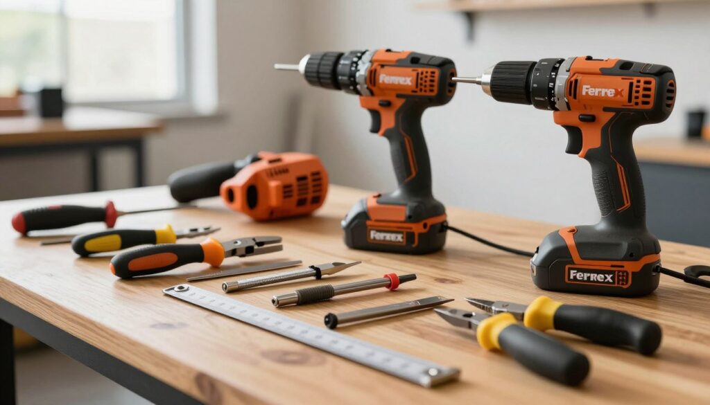 A detailed close-up of various Ferrex tools displayed on a sleek wooden table, showcasing their modern design and functionality. In the foreground, highlight a set of precision cutting tools and measuring instruments, arranged artfully with their vibrant colors contrasting against the warm wood. In the middle ground, include a selection of power tools, such as drills and saws, showcasing Ferrex's innovative features. The background softly blurs to reveal a professional workshop setting, lit by natural light pouring through large windows, creating a bright and inviting atmosphere. The focus on the tools should convey reliability and professionalism, inviting potential customers to explore Ferrex's offerings. The overall mood should be inspiring and empowering, reflecting the essence of quality craftsmanship.