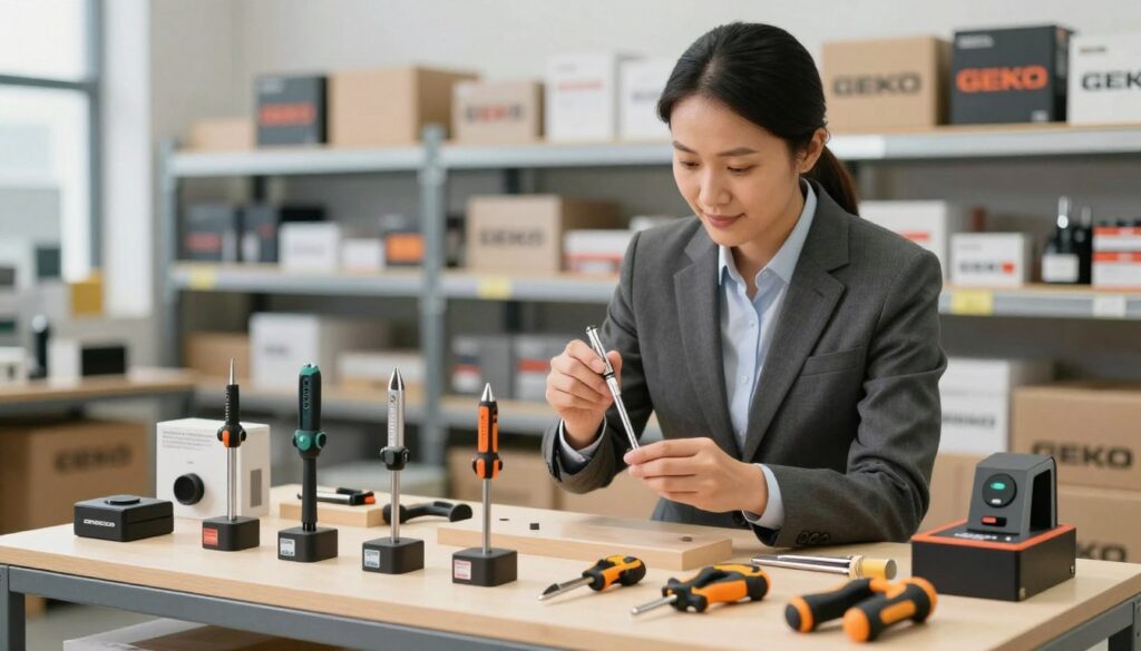 A detailed composition showcasing the concept of product quality, emphasizing the relationship between quality and price. In the foreground, a well-lit display table featuring various GEKO tools and products, all in high-quality, shiny finishes. Each product is neatly arranged with attention to detail, showcasing features like precision engineering and durability. In the middle ground, a professional, confident individual in smart business attire inspects one of the tools, exuding a sense of trust and satisfaction. The background features a subtly blurred warehouse or workshop setting, filled with neatly organized shelves of GEKO products, portraying a commitment to quality. Soft, natural lighting enhances the scene, creating an inviting, professional atmosphere that evokes reliability and excellence in craftsmanship.