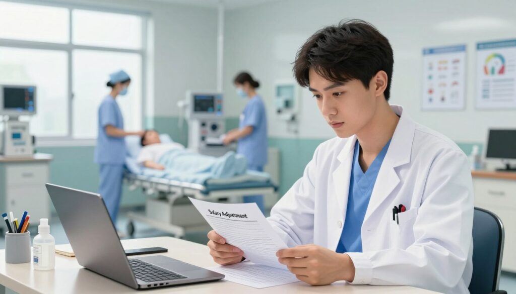 A detailed illustration depicting a young medical resident in a hospital environment, analyzing paperwork on a desk, showcasing their professional attire of a white lab coat and scrubs. The foreground features the resident focused on a document titled “Salary Adjustment,” with a laptop and medical supplies scattered around. In the middle ground, a well-lit operating room or hospital ward is visible, filled with medical equipment, a patient care scenario with nurses, and various charts on the walls. The background shows soft, diffused daylight streaming through large hospital windows, creating a calm and focused atmosphere. The overall mood conveys a sense of professionalism, dedication, and the reality of medical residency in healthcare. The scene is rendered in bright, natural lighting to highlight the efforts and challenges faced by medical residents.