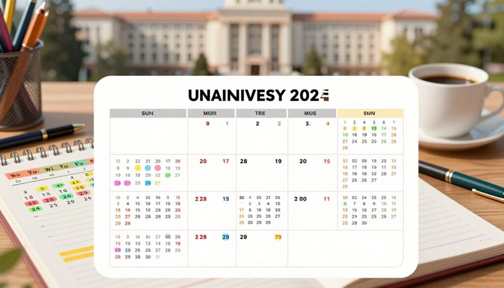 A detailed illustration of an academic calendar for a university in Poland, prominently featuring an organized layout with months, semesters, and holidays. The foreground has decorated calendar pages with colorful markers indicating important dates like exams and breaks, using warm, inviting colors. In the middle ground, depict a desktop scene with stationery items like pens, a planner, and a cup of coffee, capturing a studious atmosphere. The background softly reveals a blurred university building, bathed in natural daylight to create a sense of scholastic environment. The mood should be informative and motivating, suggesting a blend of planning and academic life. The image should not include any text, captions, or identifiable human figures.