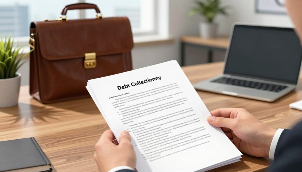 A detailed illustration of legal documents symbolizing the regulatory framework for debt collection agencies in Poland. In the foreground, a pair of hands holding a stack of papers with intricate legal text visible, emphasizing the notion of legality and authority. The middle ground features a polished wooden desk with a briefcase, a laptop, and a potted plant, creating a professional atmosphere. In the background, a blurred image of a modern office environment with cityscape windows, suggesting a corporate setting. Soft, natural lighting illuminates the scene, casting gentle shadows, while a warm color palette evokes a serious yet approachable mood, conveying professionalism and diligence in debt collection practices.