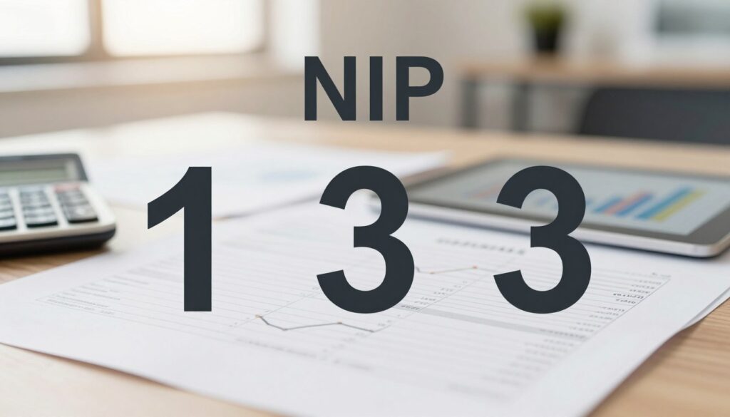 A detailed illustration of the first three digits of a VAT identification number (NIP) prominently displayed in the foreground. The digits should be bold and clearly legible, designed with a modern and professional style to indicate their significance. In the middle ground, include subtle financial or business-related elements like a calculator, financial documents, or a digital tablet displaying graphs. The background should be a soft-focus office setting, with neutral tones to evoke a professional atmosphere. Soft, natural lighting illuminates the scene, creating a warm and inviting environment, while a slight depth of field enhances the focus on the digits. Overall, the mood should convey clarity, professionalism, and reliability, suitable for educational purposes. A detailed illustration of the first three digits of a VAT identification number (NIP) prominently displayed in the foreground. The digits should be bold and clearly legible, designed with a modern and professional style to indicate their significance. In the middle ground, include subtle financial or business-related elements like a calculator, financial documents, or a digital tablet displaying graphs. The background should be a soft-focus office setting, with neutral tones to evoke a professional atmosphere. Soft, natural lighting illuminates the scene, creating a warm and inviting environment, while a slight depth of field enhances the focus on the digits. Overall, the mood should convey clarity, professionalism, and reliability, suitable for educational purposes.