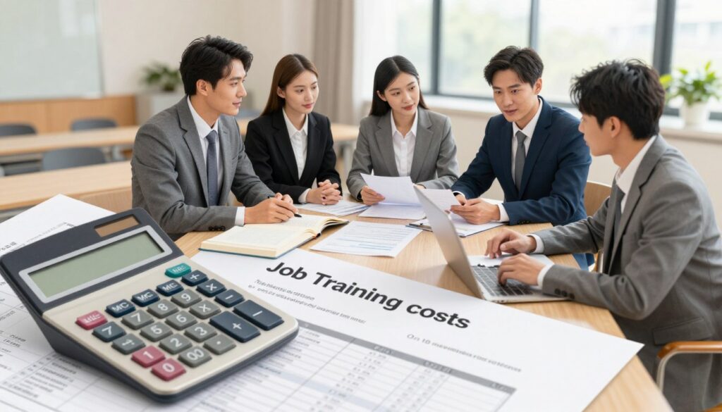 A detailed illustration of training costs associated with job training programs. In the foreground, depict a calculator and financial documents, symbolizing budgeting for training expenses. In the middle ground, include representatives in professional business attire discussing a training program, surrounded by educational materials like books and laptops. The background should feature a soft-focus image of a classroom or training center, enhancing the theme of education and professional development. Use warm, inviting lighting to create an atmosphere of motivation and opportunity. The angle should be slightly elevated, giving a sense of looking down on a collaborative environment, emphasizing teamwork and growth in career advancement. A detailed illustration of training costs associated with job training programs. In the foreground, depict a calculator and financial documents, symbolizing budgeting for training expenses. In the middle ground, include representatives in professional business attire discussing a training program, surrounded by educational materials like books and laptops. The background should feature a soft-focus image of a classroom or training center, enhancing the theme of education and professional development. Use warm, inviting lighting to create an atmosphere of motivation and opportunity. The angle should be slightly elevated, giving a sense of looking down on a collaborative environment, emphasizing teamwork and growth in career advancement.