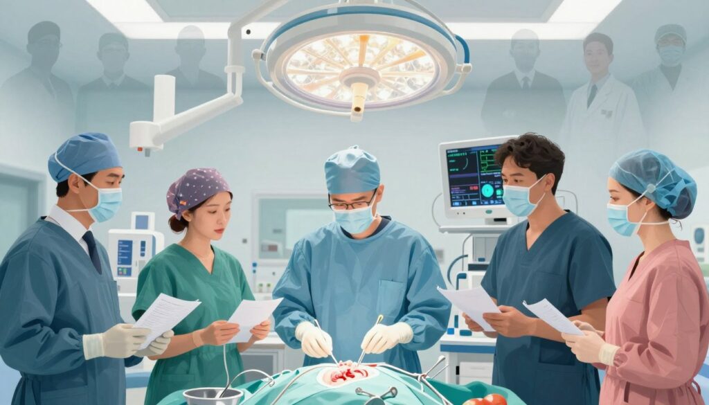 A detailed illustration of various surgical specialties, highlighting their differences in earnings. In the foreground, depict a diverse group of surgeons, each in professional business attire, engaged in discussions around surgical charts and instruments. Showcase a cardiothoracic surgeon, an orthopedic surgeon, and a neurosurgeon, with tools relevant to their specialties. The middle layer features a well-lit operating room with advanced medical equipment and monitors displaying vital statistics. In the background, create a subtle collage of silhouettes representing different surgical specialties, emphasizing the theme of diversity in the field. Use soft, clinical lighting to convey professionalism and a focus on teamwork, capturing an atmosphere of collaboration and expertise.