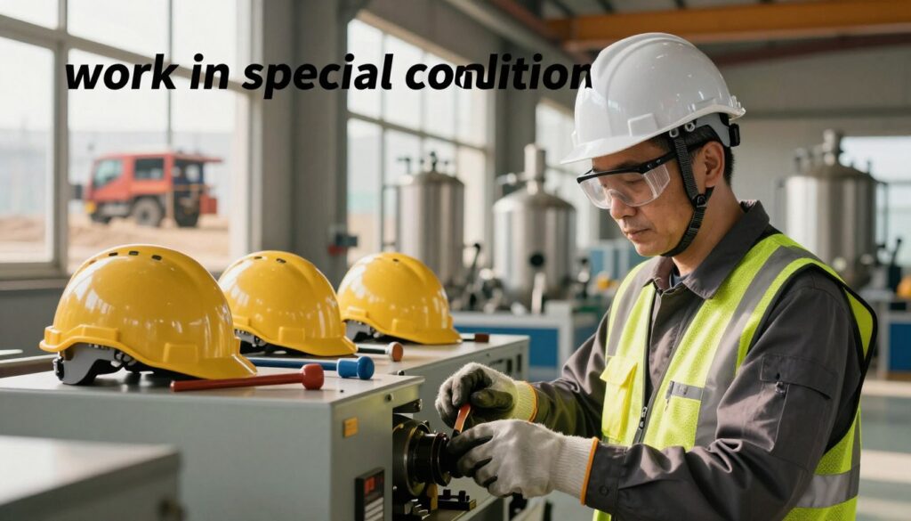 A detailed image illustrating the concept of "work in special conditions" in a workplace setting. In the foreground, a professional middle-aged worker in a hard hat, wearing safety goggles and gloves, inspects machinery in a factory. The middle layer includes various safety equipment, like helmets and tools, arranged neatly. In the background, a factory setting with distinct sections showing different work environments, such as a construction area and a chemical lab, is visible. Soft, natural lighting streaming through large windows creates a warm and inviting atmosphere, highlighting the dedication to safety and professionalism. The overall mood conveys a sense of responsibility and seriousness regarding work conditions in hazardous environments, emphasizing the importance of understanding this concept in professional life.