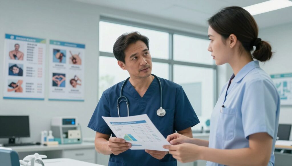A detailed, professional medical scene depicting a hospital setting, focusing on the salary structure of a surgeon. In the foreground, a confident male surgeon and a female surgical nurse are discussing pay scales, both in neat, professional attire. They are holding documents that visually represent salary charts and graphs. The middle ground features a sleek, modern hospital office with medical posters on the walls, showcasing various surgical procedures and their associated costs. The background includes a large window with soft, natural light illuminating the room, and you can see a bustling hospital environment outside. The atmosphere is serious yet collaborative, capturing the essence of professionalism in the medical field. The composition uses a slight overhead angle, emphasizing both the people and the detailed documents clearly, creating a cohesive and informative visual narrative.