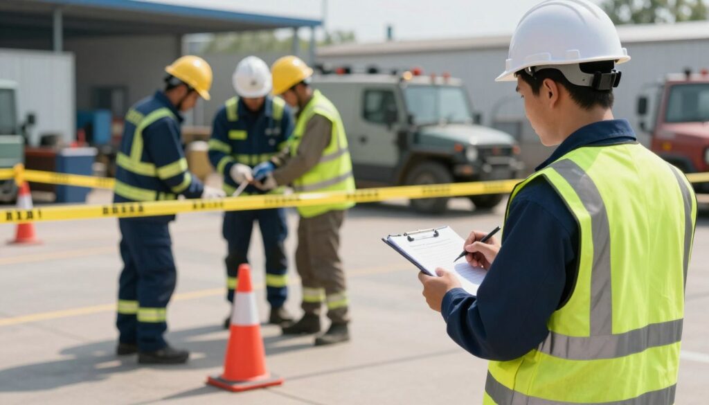 A detailed scene depicting the process of securing an accident site immediately after an incident at work. In the foreground, a professional safety officer, dressed in a high-visibility vest and hard hat, takes notes on a clipboard while surveying the area. In the middle ground, emergency responders are working together to cordon off the area using bright yellow tape and warning cones, creating a clear barrier. To the background, a blurred view of an industrial setting can be seen, with machinery and tools that indicate a workplace environment. The lighting is bright and clear, emulating a daytime setting, casting soft shadows. The mood should convey a sense of urgency and professionalism, highlighting the importance of immediate action and safety protocols.
