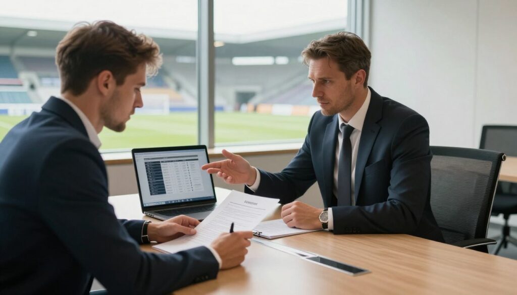 A detailed scene of a professional football player's contract negotiation in a modern office setting. In the foreground, a well-dressed player sitting at a sleek conference table, holding a pen and reviewing a contract document. The middle ground features a serious team manager across the table, dressed in a tailored suit, gesturing towards a laptop displaying budget graphics and player statistics. The background shows a large window with a view of a football stadium under bright, natural light, evoking a sense of opportunity and ambition. Soft shadows add depth to the scene, while a warm color palette creates a professional yet inviting atmosphere. The overall mood reflects determination and professionalism, capturing the essence of player earnings in the PKO BP Ekstraklasie.