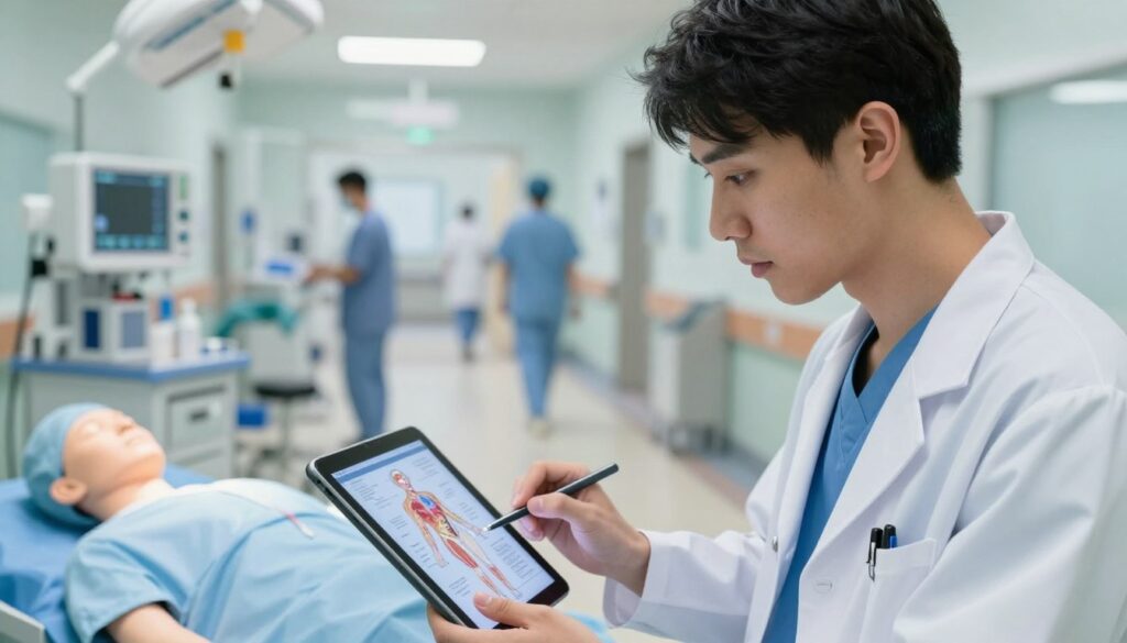 A determined medical student in a modern hospital setting, wearing professional scrubs and a lab coat, is seen studying surgical procedures on a tablet. The foreground features a close-up of the tablet’s screen showing detailed diagrams of human anatomy. In the middle ground, a well-lit surgical training area with medical equipment and tools is visible, including a mannequin for practice. The background shows a busy hospital corridor, with medical staff in dynamic motion. Soft, natural lighting creates an atmosphere of focus and ambition, with a slight depth of field effect emphasizing the student’s concentration. The overall mood reflects a sense of dedication and professionalism in the pursuit of a surgical career.