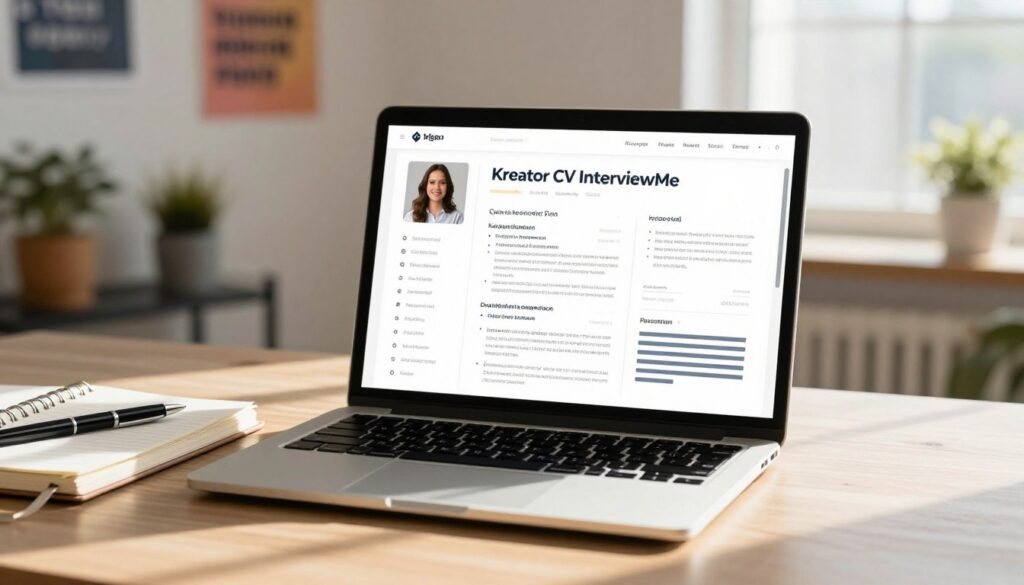 A digital workspace featuring the "Kreator CV InterviewMe" interface on a sleek laptop screen. In the foreground, a stylish notebook and a pen sit beside the laptop, suggesting a blend of creativity and professionalism. In the middle, the laptop displays an elegant CV template filled with neat sections for personal information, skills, and experience, designed with subtle colors and modern typography. The background features a softly illuminated office setting adorned with potted plants and motivational posters, invoking a sense of productivity. Natural light streams in from a nearby window, casting gentle shadows and creating a warm atmosphere. The overall mood is inspiring and focused, ideal for someone preparing a professional application. A digital workspace featuring the "Kreator CV InterviewMe" interface on a sleek laptop screen. In the foreground, a stylish notebook and a pen sit beside the laptop, suggesting a blend of creativity and professionalism. In the middle, the laptop displays an elegant CV template filled with neat sections for personal information, skills, and experience, designed with subtle colors and modern typography. The background features a softly illuminated office setting adorned with potted plants and motivational posters, invoking a sense of productivity. Natural light streams in from a nearby window, casting gentle shadows and creating a warm atmosphere. The overall mood is inspiring and focused, ideal for someone preparing a professional application.