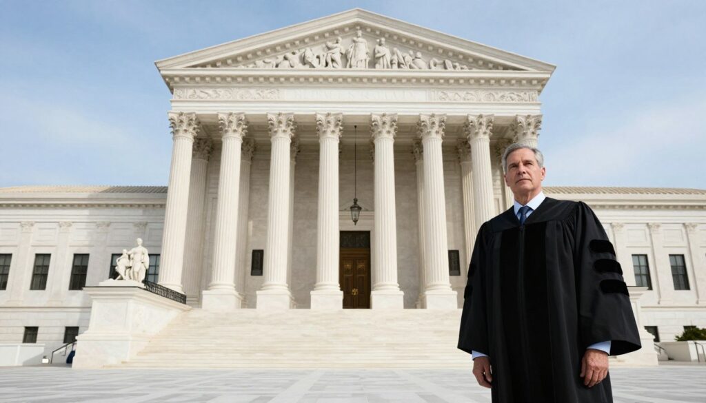 A dignified view of the Supreme Court building, showcasing its grand architecture with imposing columns and intricate sculptures. In the foreground, a judge in professional business attire stands confidently, dressed in a formal robe, symbolizing authority and wisdom. The middle section features the majestic entrance of the court, with steps leading up to ornate doors, flanked by statues representing justice and law. The background includes a clear blue sky, enhancing the sense of aspiration and gravitas. Soft, natural lighting illuminates the scene, creating a respectful and serious atmosphere. The perspective is slightly low-angle, emphasizing the grandeur of the building and its significance in the judicial system. A dignified view of the Supreme Court building, showcasing its grand architecture with imposing columns and intricate sculptures. In the foreground, a judge in professional business attire stands confidently, dressed in a formal robe, symbolizing authority and wisdom. The middle section features the majestic entrance of the court, with steps leading up to ornate doors, flanked by statues representing justice and law. The background includes a clear blue sky, enhancing the sense of aspiration and gravitas. Soft, natural lighting illuminates the scene, creating a respectful and serious atmosphere. The perspective is slightly low-angle, emphasizing the grandeur of the building and its significance in the judicial system.