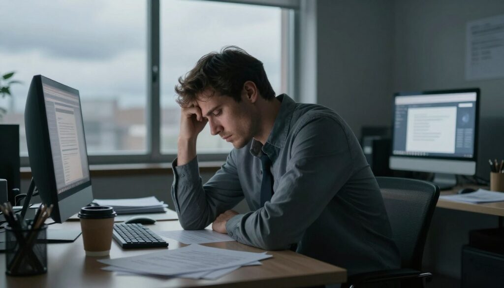 A dimly lit office space featuring a despondent professional sitting at a cluttered desk, their head resting on one hand in a gesture of exhaustion and lack of motivation. Papers scattered around, an untouched coffee cup, and a computer screen displaying unopened emails create a sense of stagnation. In the background, a large window shows a cloudy, overcast sky, conveying a somber mood. Soft, natural light filters through, casting gentle shadows that enhance the feeling of weariness. The subject is dressed in smart casual attire, reflecting a professional environment while emphasizing their struggle. The overall atmosphere is one of introspection and contemplation, inviting the viewer to reflect on the feelings of burnout and the need for change.