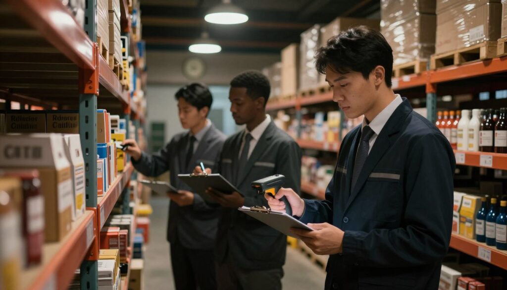 A dimly lit warehouse during a nighttime inventory count, showcasing a group of professionals in business attire engaged in their tasks. In the foreground, a focused worker uses a handheld scanner to tally items on a shelf, while another team member writes notes on a clipboard. The middle ground displays organized shelves filled with various products, and overhead, soft industrial lighting casts a warm glow, creating a sense of urgency and acknowledgment of late hours. In the background, a clock shows the late hour, emphasizing the night shift aspect. The atmosphere is tense yet professional, capturing the essence of careful planning and adherence to safety regulations during night-time inventory tasks.