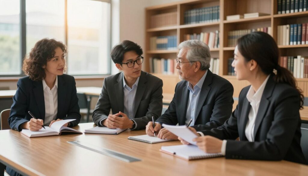 A diverse group of four professionals, dressed in business attire, gathered in an elegant modern university classroom. In the foreground, a middle-aged woman, engaged and taking notes, symbolizes the ambition of postgraduate studies. Beside her, a young man with glasses is discussing with an older gentleman, displaying a sense of collaboration. In the background, shelves filled with academic books and a large window allowing warm sunlight to pour in, creating an inspiring atmosphere. The lighting is soft and inviting, enhancing the educational environment. The overall mood conveys motivation, professionalism, and the pursuit of knowledge, while showcasing a multicultural setting that reflects inclusivity in higher education.