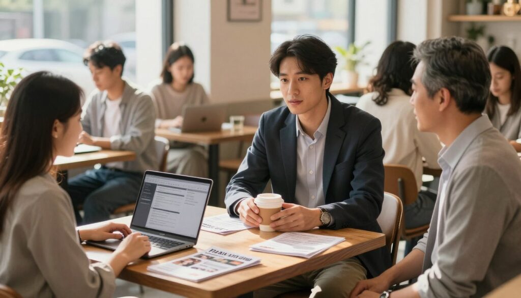 A diverse group of individuals engaged in various casual job activities, set in a bright, inviting café environment. In the foreground, a young woman in smart casual attire is serving coffee while discussing job opportunities with a middle-aged man in a professional outfit. The middle ground features a table with brochures about part-time job options, alongside a laptop showcasing job listings. In the background, other patrons are working on their devices or having discussions, creating a lively yet focused atmosphere. Soft natural lighting filters in through large windows, casting warm shadows. The overall mood is one of opportunity and collaboration, highlighting the positive aspects of casual employment. A diverse group of individuals engaged in various casual job activities, set in a bright, inviting café environment. In the foreground, a young woman in smart casual attire is serving coffee while discussing job opportunities with a middle-aged man in a professional outfit. The middle ground features a table with brochures about part-time job options, alongside a laptop showcasing job listings. In the background, other patrons are working on their devices or having discussions, creating a lively yet focused atmosphere. Soft natural lighting filters in through large windows, casting warm shadows. The overall mood is one of opportunity and collaboration, highlighting the positive aspects of casual employment.