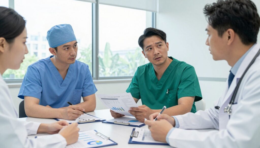 A diverse group of medical professionals, including surgeons in various specialties, gathered around a table filled with charts and data about surgical salaries. The focus is on three surgeons: one in a blue scrubs of an orthopedic surgeon, one in green scrubs representing a neurosurgeon, and another in white coat signifying a general surgeon. They are discussing their earnings and looking thoughtfully at the graphs. The setting is a modern hospital conference room with large windows showcasing a sunny day. Soft natural lighting fills the room, enhancing the professionalism and collaboration atmosphere. The image captures a sense of urgency and focus as they strategize about career paths in medicine. No text or logos are present. A diverse group of medical professionals, including surgeons in various specialties, gathered around a table filled with charts and data about surgical salaries. The focus is on three surgeons: one in a blue scrubs of an orthopedic surgeon, one in green scrubs representing a neurosurgeon, and another in white coat signifying a general surgeon. They are discussing their earnings and looking thoughtfully at the graphs. The setting is a modern hospital conference room with large windows showcasing a sunny day. Soft natural lighting fills the room, enhancing the professionalism and collaboration atmosphere. The image captures a sense of urgency and focus as they strategize about career paths in medicine. No text or logos are present.