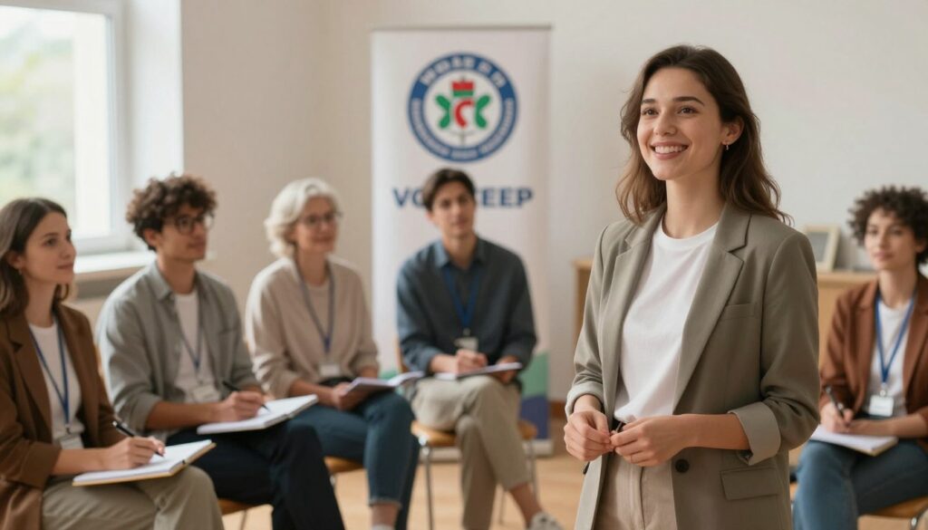 A diverse group of people, including men and women of various ages and ethnic backgrounds, engaged in a community volunteer meeting. In the foreground, a young woman with a friendly smile, dressed in a smart casual outfit, is enthusiastically explaining the requirements for becoming a volunteer. In the middle, a few attendees are taking notes, while others are actively discussing among themselves, showcasing camaraderie and teamwork. The background features a large banner displaying the emblem of the WOŚP charity. Soft, natural light filters through nearby windows, creating a warm and inviting atmosphere, with a slight depth of field focusing on the speaker. The overall mood is uplifting and inspiring, reflecting hope and community spirit.