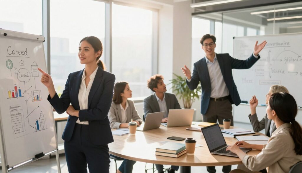 A diverse group of professionals engaging in collaborative discussions in a modern office setting, symbolizing career transition and further education. In the foreground, a confident woman in smart business attire stands by a whiteboard with career development charts while a man in a suit gestures enthusiastically about new opportunities. In the middle, a round table with laptops, books on postgraduate studies, and coffee cups, surrounded by engaged individuals sharing ideas. In the background, large windows let in warm sunlight, casting a bright, inspiring atmosphere. The mood is optimistic and focused, showcasing the positive impact of postgraduate studies on professional lives. Use soft, natural lighting to enhance the inviting environment.