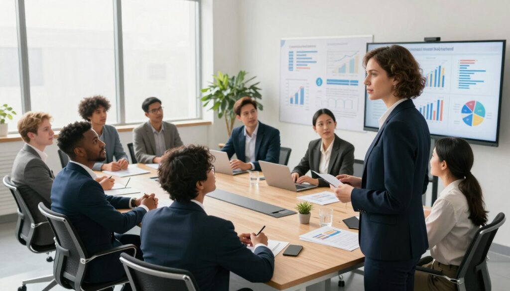 A diverse group of professionals in a modern office environment, engaging in discussions about job opportunities, surrounded by charts and graphs depicting employment trends. The foreground features a confident woman in a professional business suit, presenting data on a digital screen. In the middle ground, a group of men and women of various ethnicities are seated at a large conference table, actively participating in the meeting. Soft, natural lighting floods the room through large windows, creating a bright and optimistic atmosphere. The background includes a large wall with employment statistics and industry insights, hinting at the dynamics of labor demand. Capture this scene from a slightly elevated angle for a comprehensive view of the interaction, emphasizing the concept of labor demand in a professional setting.
